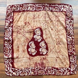 100% silk square scarf made in India block print Boho peach red white 39”
